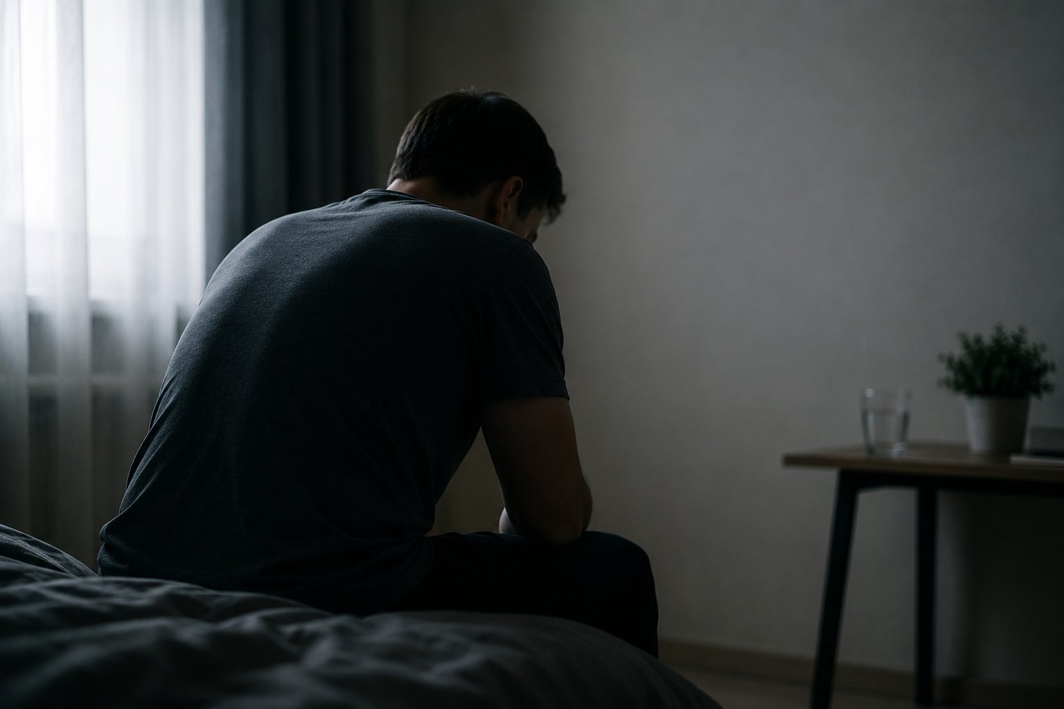 Мужчина сидит на краю кровати в затемнённой комнате, иллюстрируя эмоциональное состояние при лечении зависимости от трамадола.